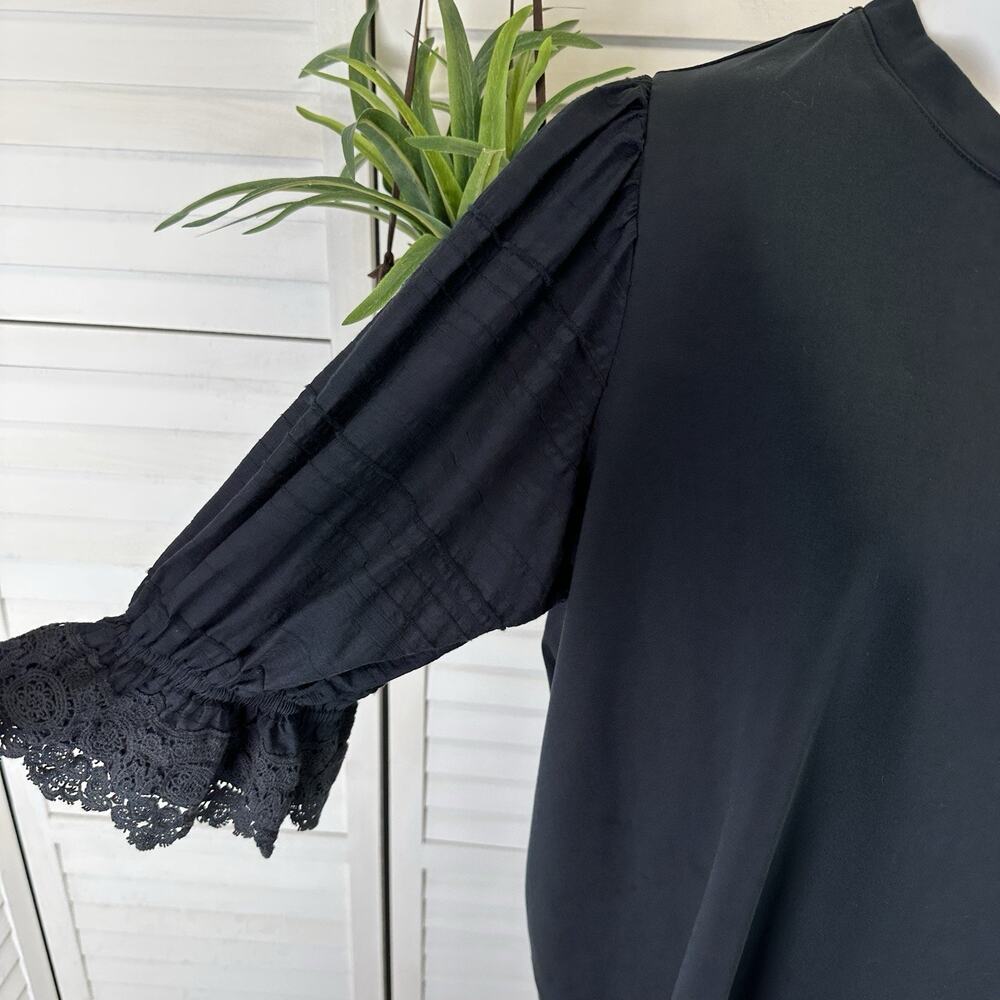 Laura Ashley Black Short Puff Sleeve Lace Trim Blouse Top Tee Shirt Plus Size 2X - Picture 3 of 8